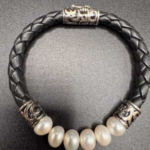 Braided Black Leather Bracelet with Pearls and Silver Details